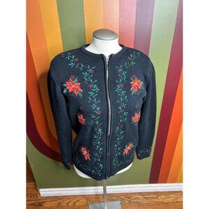 Christmas zip up black embroidered poinsetta beads cute ugly sweater size S